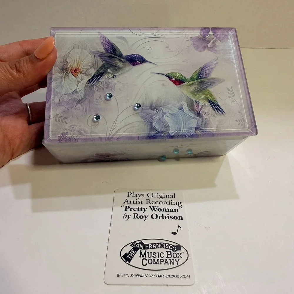 Music Box Co Hummingbird Pretty Woman Roy Orbison Glass Velvet Jewelry Box